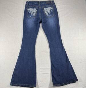 True Luck Girls Jeans 9/10 Blue Flared Denim Medium Wash Embroidered Pockets